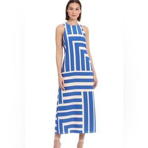 Donna Morgan Sleeveless Geometric Midi Dress Blue Cream – Size 6 NWT